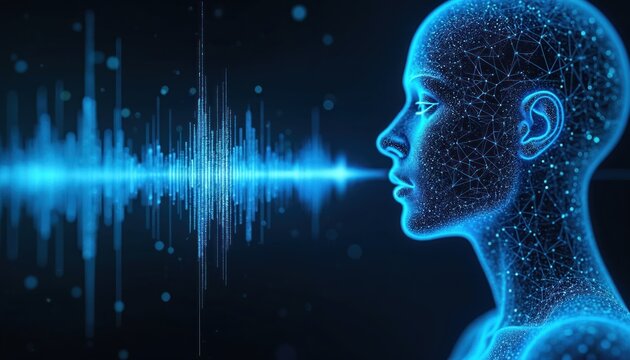 Digital human head profile interacts with blue sound wave visualization. Futuristic AI voice recognition and speech processing graphic for tech and audio.