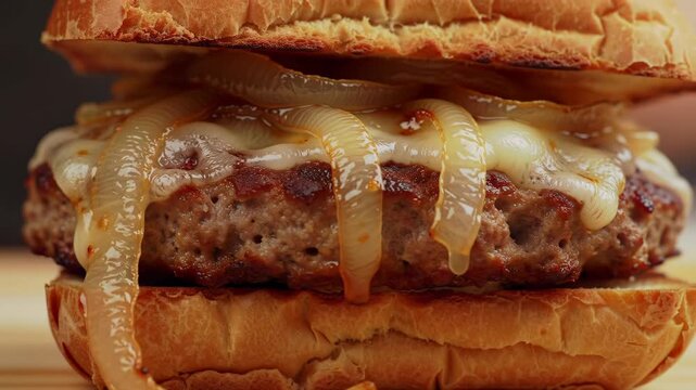 Gourmet burger with caramelized onions and melted cheese, close-up, food photography, for culinary use