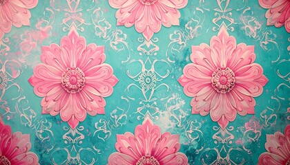 Ornate pink floral pattern on aqua background with vintage swirls, creating a whimsical, detailed textile design