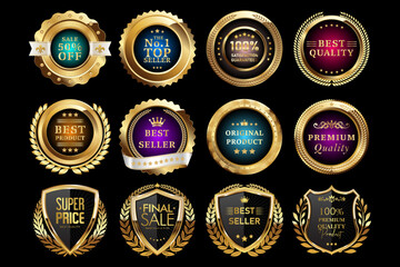 Best seller, best quality, best price, original product stickers, premium quality, top seller, best product, sale 50% off, 100% satisfaction guaranteed, super price.Gold shield icon and circle badge 