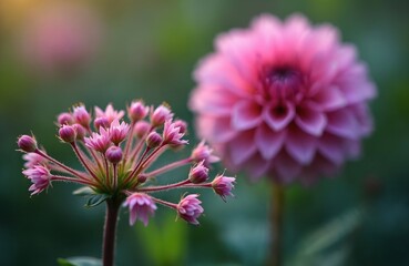 Obraz premium Soft pink meadow rue flowers and buds bloom close up. A large dahlia flower is blurred in background. Natural garden background with green foliage and bokeh.