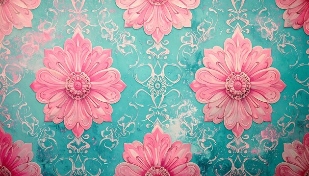 Ornate pink floral pattern on aqua background with vintage swirls, creating a whimsical, detailed textile design