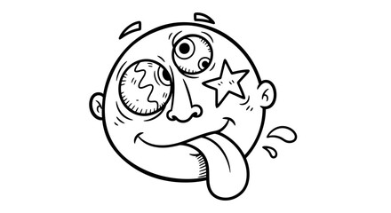 A black and white cartoon drawing of a goofy, dazed face with bulging eyes, one with a spiral and one with a star, and a long tongue sticking out.
