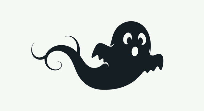 A spooky black cartoon ghost with a whimsical swirling tail floating on a plain white background, perfect for Halloween.