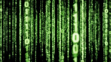 Abstract digital data stream with green binary code flowing down a dark screen representing technology programming and the digital world in a futuristic and dynamic visual. - Powered by Adobe