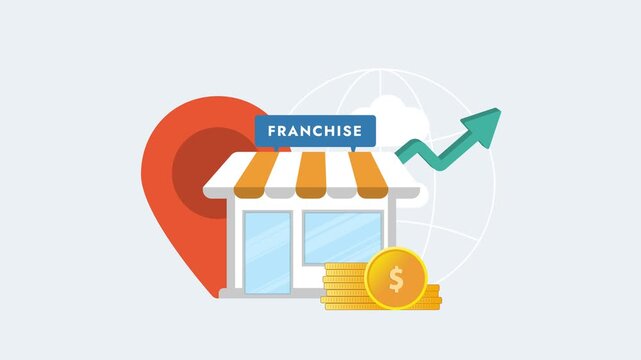 Franchise expansion animation showcases global business growth with dynamic store launches, revenue stacks, and love icons in 7-second 2D motion graphic for scalable retail opportunities