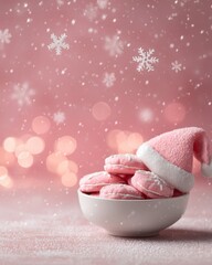 pink cookies with white icing, decorated with Santa hat, white bowl, soft pink festive background with snowflakes and bokeh lights, copy space. Christmas dessert, bakery, holiday baking, confectionery