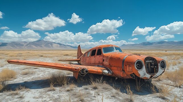 Abandoned rusty orange airplane in dry field