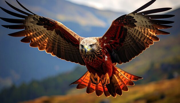 Majestic red kite soars, wings spread wide against a mountain backdrop, autumn colors highlighted
