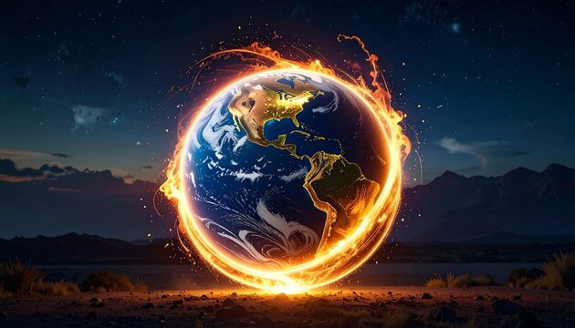 Earth encircled in glowing, fiery energy against a dark, starry sky and mountainous background - Powered by Adobe