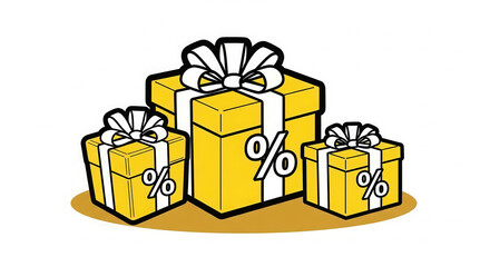 Yellow gift boxes with bows and discount symbols, arranged in a playful manner, representing celebration, surprise, and festive occasions, ideal for promotional materials and marketing campaigns