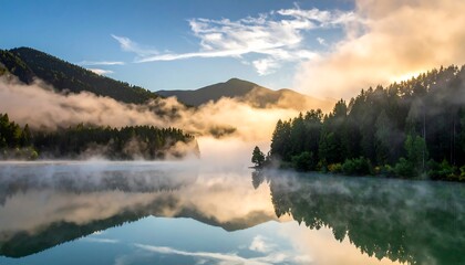 Fototapeta premium Misty lake reflects trees, hills & golden sunrise beneath a partly cloudy sky