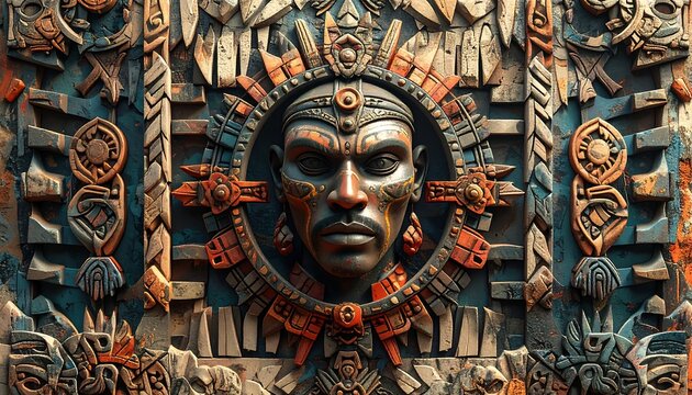 Elaborate stone carving of a face surrounded by intricate geometric patterns and tribal ornaments, textured & aged