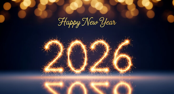 Sparkling 2026 new year celebration with bokeh lights in the background