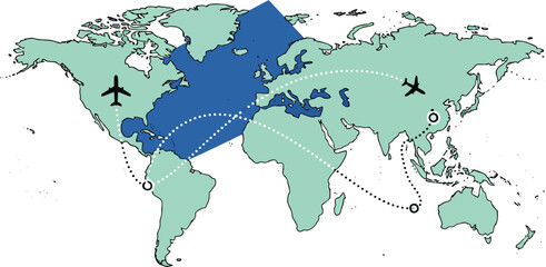 Obraz premium World map illustration on blue and green backgrounds