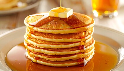 Stack of pancakes topped with butter, drenched in syrup on a white plate, in warm light