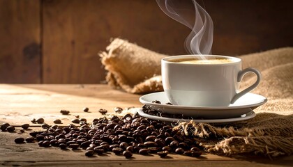 Steaming cup of coffee, beans, and burlap on wood surface, light streaming from above