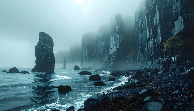 Misty ocean scene featuring tall, dark cliffs receding into fog, with textured water & a dark rocky shore