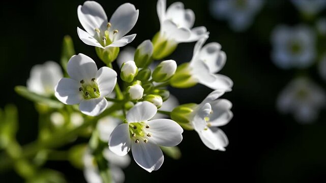 A stunning close-up captures a cluster of small, delicate white flowers with vibrant green centers and emerging buds. Bathed in soft natural light against a dark, blurred background, the pristine peta