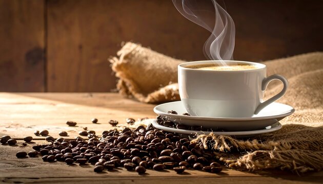 Steaming cup of coffee, beans, and burlap on wood surface, light streaming from above
