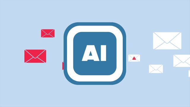 AI email spam filtering animation detects scam and phishing e-mails. Motion graphic with red alerts, smart sorting. Seamless inbox spam protection for 2026 cybersecurity productivity explainer video