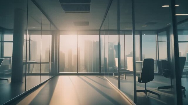 パノラマガラス窓のバーチャルオフィスとシネマティック日差し演出
