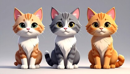Three cartoon cats two orange tabby, one gray tabby, all sitting and looking forward on a light background