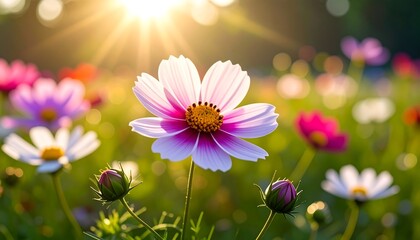 Pink and white cosmos flowers in a sunny meadow, with blurred bokeh background and buds in the foreground