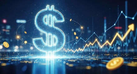 Glowing dollar sign with coins and stock graph in a digital landscape