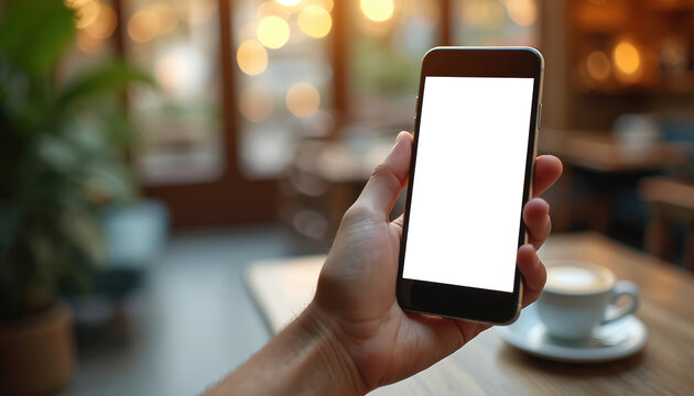 Hand holds modern smartphone with blank white screen. Person uses mobile device in cozy cafe, coffee shop, restaurant, co-working space. Hot cup of coffee sits on wooden table. Mockup space for app,