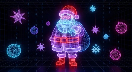 Wireframe Santa Claus with Ornaments and Snowflakes in Digital Matrix Space Holiday Illustration and Technological Design 200 Characters