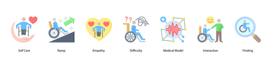 Empathy and Social Inclusion web banner illustration featuring Self Care,Ramp,Empathy,Difficulty,Medical Model, Interaction, and Finding. Encourages compassion, care, and accessibility in daily life.