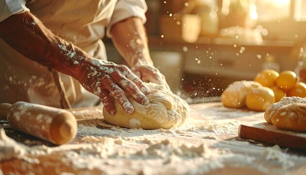 Man kneading dough on wooden surface with flour. Warm light, buns, & rolling pin complete the baking scene