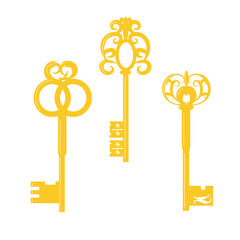 Set of golden keys isolated vector flat modern decorative.