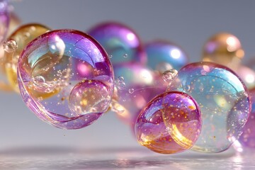 Fototapeta premium Iridescent bubbles float in a colorful glass world, creating a dreamy, playful closeup scene
