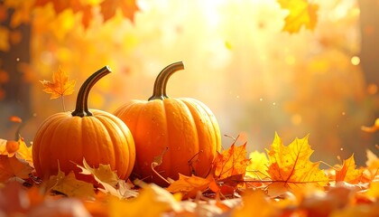 Two pumpkins sit on autumn leaves, bathed in warm sunlight, with leaves gently falling