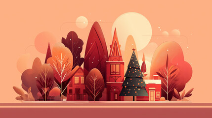 festive winter village illustration with stylized trees and warm tones