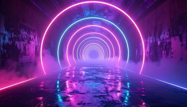 Neon rings in a concrete tunnel lead to a hazy light, reflected on a wet floor with a futuristic vibe