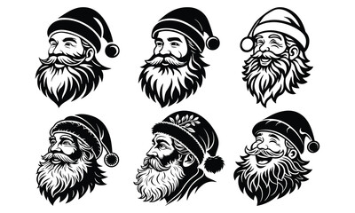 Six unique black and white santa claus head vector set for holidays
