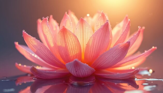 Macro shot of delicate pink lotus flower with water droplets reflecting soft glowing light. Petals open gently on still water surface, tranquil scene. - Powered by Adobe