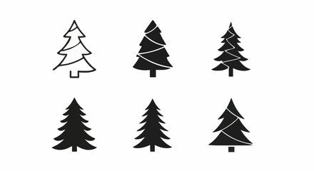 Collection of simple black and white Christmas tree icons for festive designs and winter themes