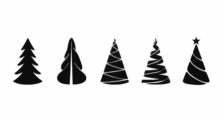 A collection of five different black Christmas tree icons with simple, modern, and abstract stylized designs, isolated on a white background for holiday use
