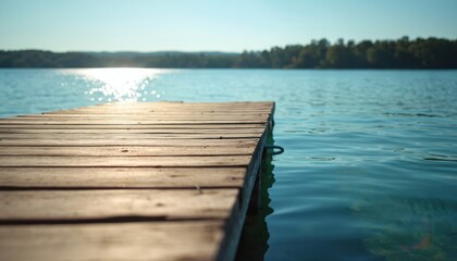 Wooden dock floats on calm clear blue water with sun reflections. Gentle waves lap shore. Forested hills in distance under bright sky. Peaceful summer nature scene.