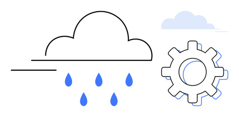 Raindrop-filled cloud with a gear symbolizing workflow automation, data management, cloud storage, and process optimization. Ideal for tech, innovation, sustainability, data analysis, eco-tech cloud