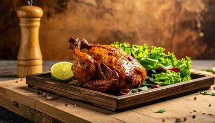 Roasted whole chicken with lettuce and lime on a wooden tray against a blurred background