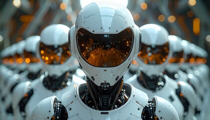White robots with orange visors stand in formation, creating a futuristic, possibly dystopian, or sci-fi scene