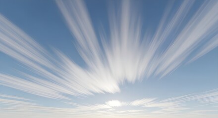 High-altitude cirrus streaks spreading in radial formation, detailed ice-crystal texture under pale blue sky, realistic meteorological structure