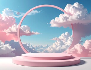 A pastel-hued circular stage, framed by a matching ring against a sky filled with fluffy clouds and a celestial orb