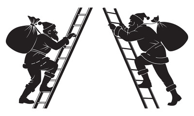 Santa claus silhouettes climbing ladders with large gift sacks

