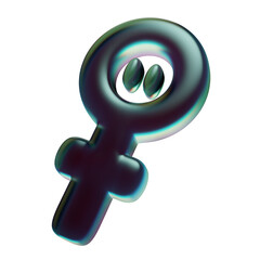 Stylized 3D Venus symbol with glossy iridescent highlights and soft neon reflections.Modern abstract render perfect for topics related to femininity, identity, equality, beauty and contemporary design